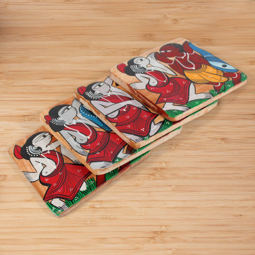 Bengal Pattachitra Wooden Coasters Men And Women Dancing (4pcs)