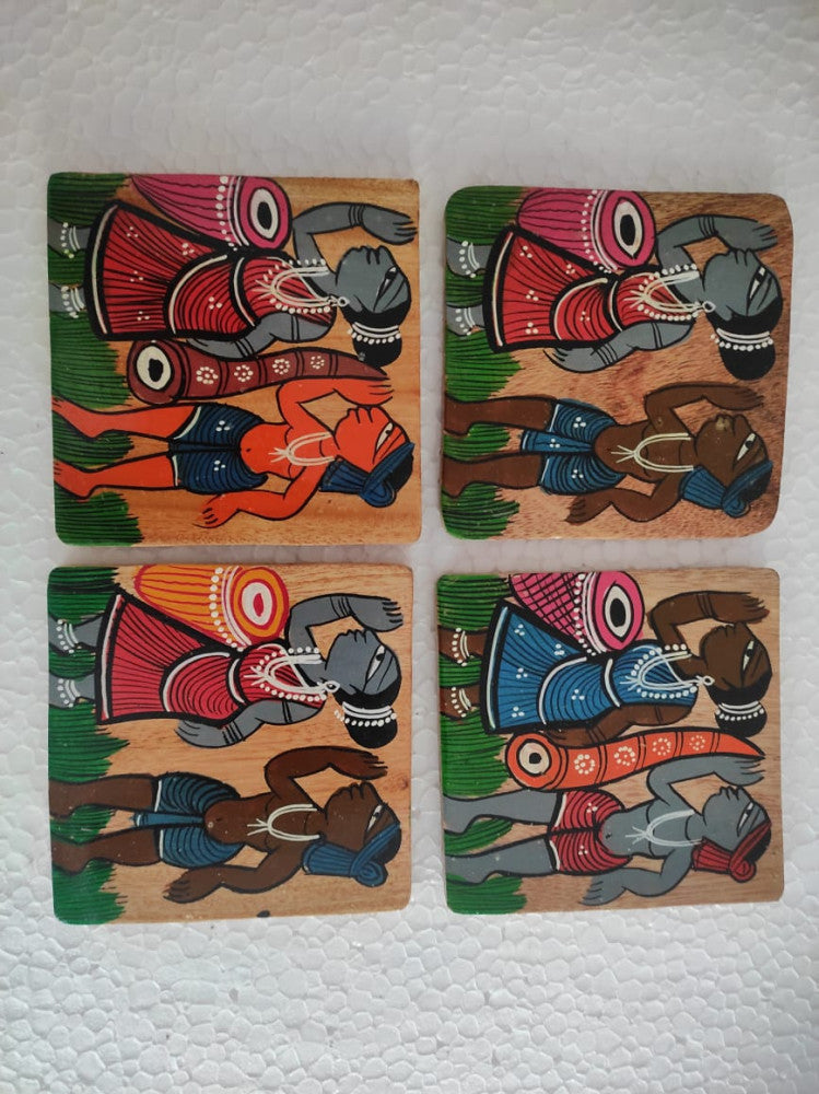 Bengal Pattachitra Wooden Coasters Men And Women Dancing Square (4pcs)