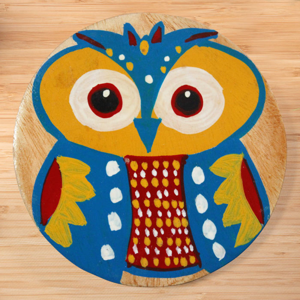 Bengal Pattachitra Wooden Coasters Owl (4pcs)
