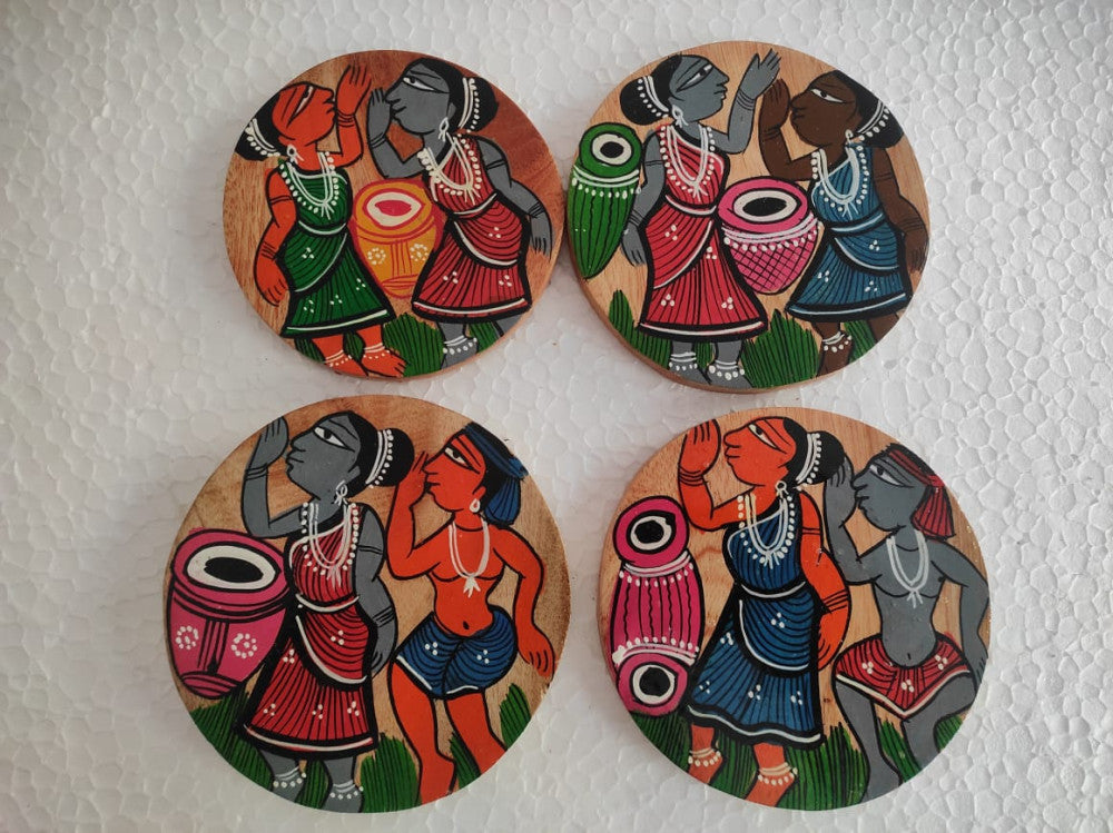 Bengal Pattachitra Wooden Round Coasters Men And Women Dancing (4pcs)