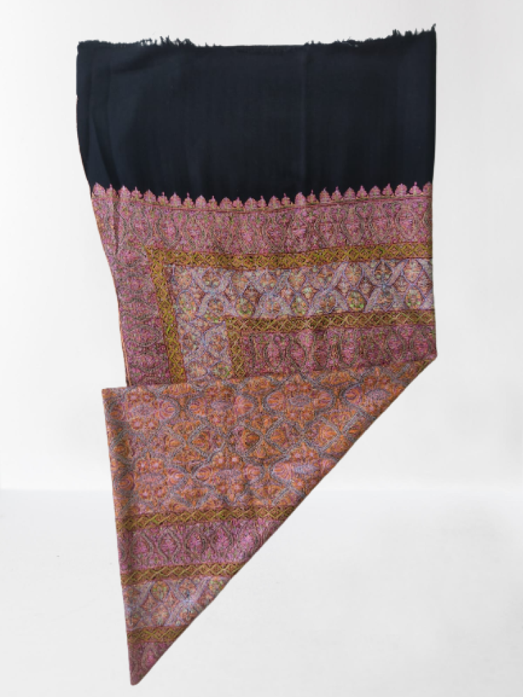 Black & Orange Floral Prints Kani Shawl