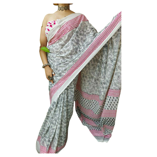 Black & Pink Colour Bagru Print Saree