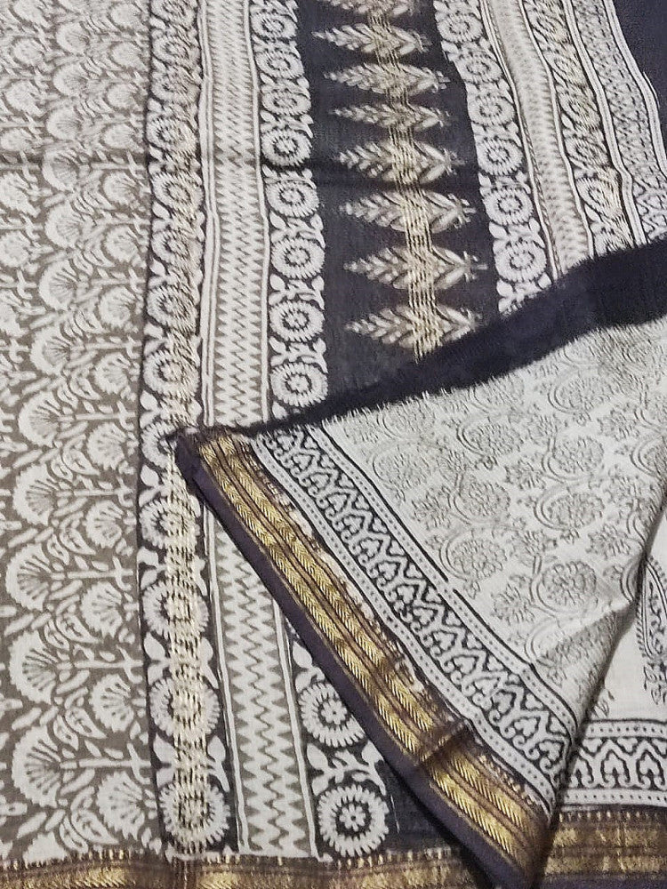 Black & White Bagh Block Print Saree