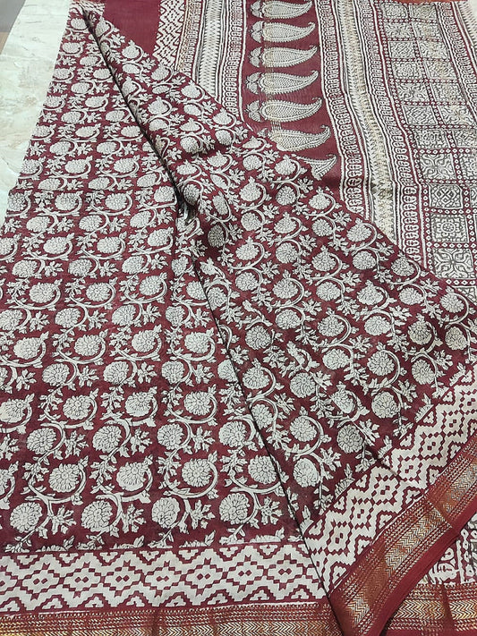 Block Print Maroon & White Bagh Saree