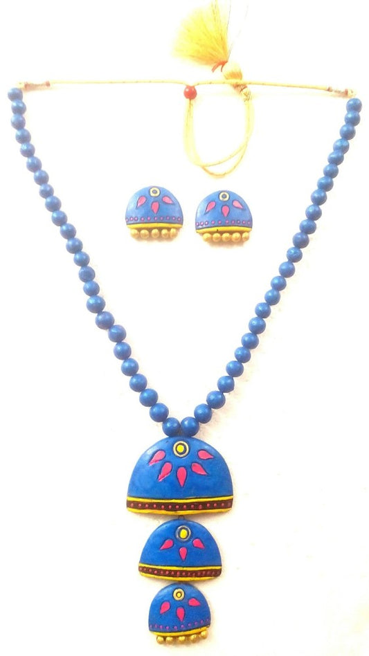 Blue And Pink Bankura Panchmura Terracotta Craft Necklace Jewellery Set