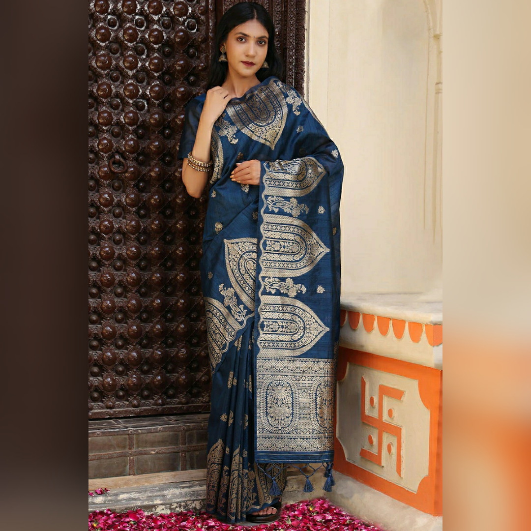 Blue Colour Kota Doria Pure Silk Saree With Zari Work