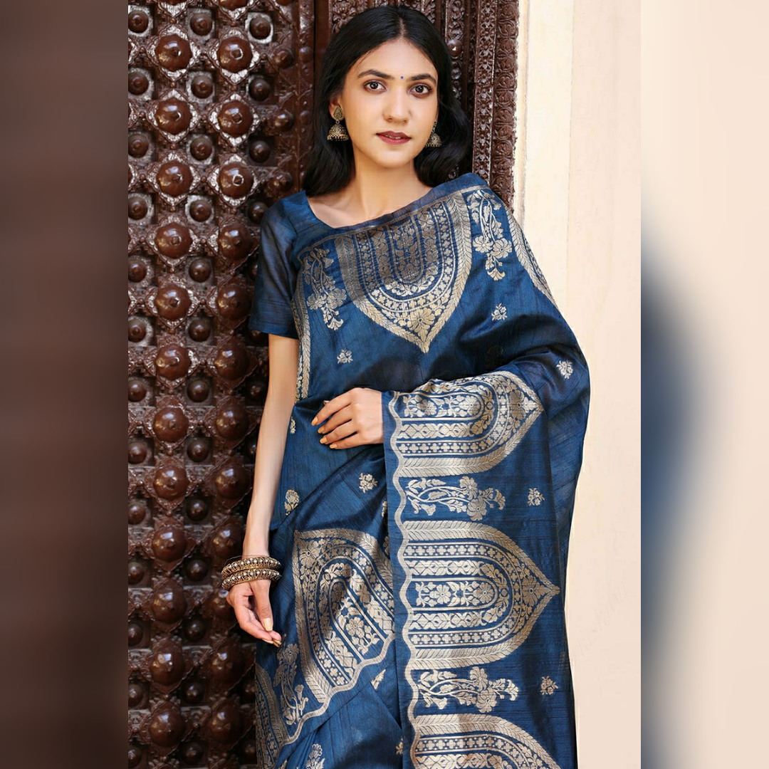 Blue Colour Kota Doria Pure Silk Saree With Zari Work