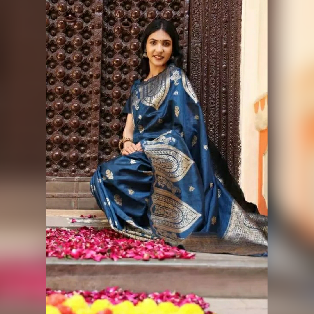 Blue Colour Kota Doria Pure Silk Saree With Zari Work
