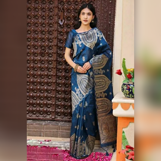 Blue Colour Kota Doria Pure Silk Saree With Zari Work