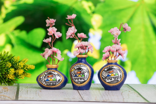 Blue geometric pattern Terracota Vase set of 3
