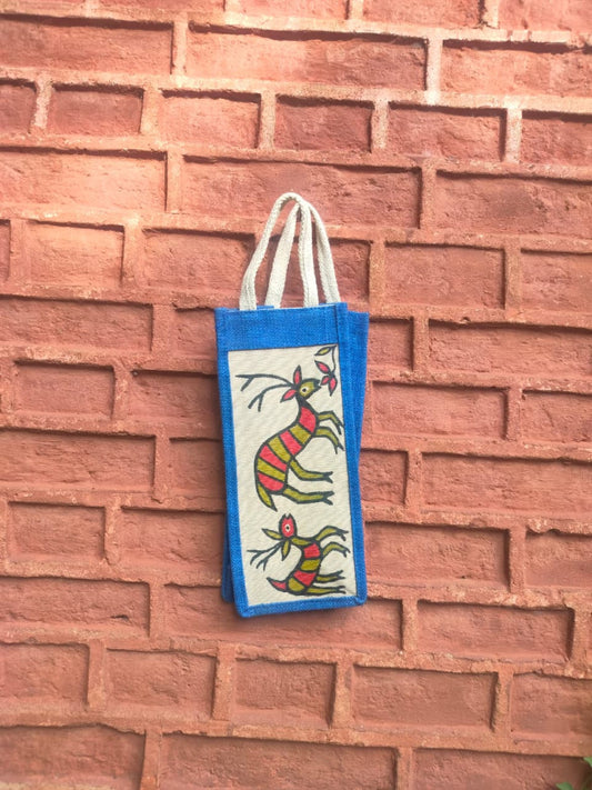 Blue & Off White Khovar Jute Bottle Bag