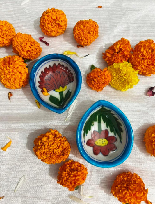 Blue Pottery Assorted Floral Diya Set Of 2