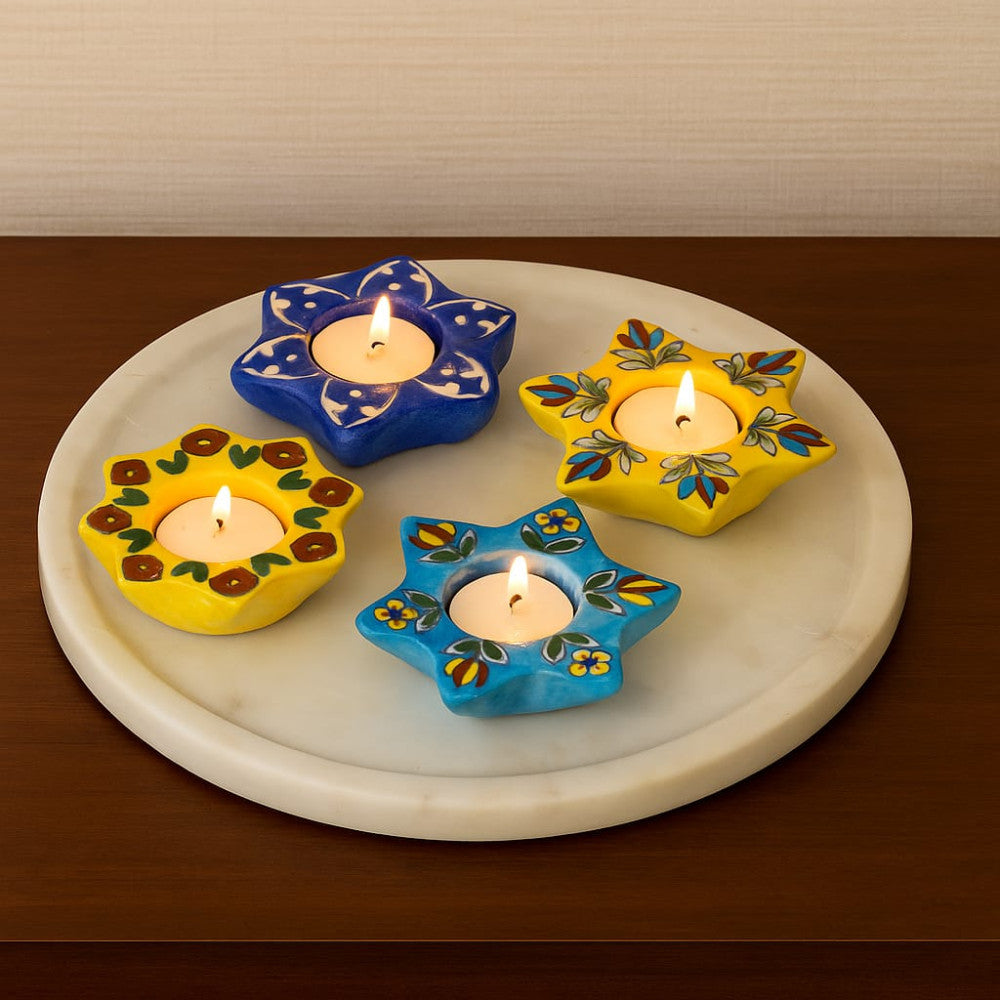 Blue Pottery Assorted Star Tea Light Candle Holders Set Of 4