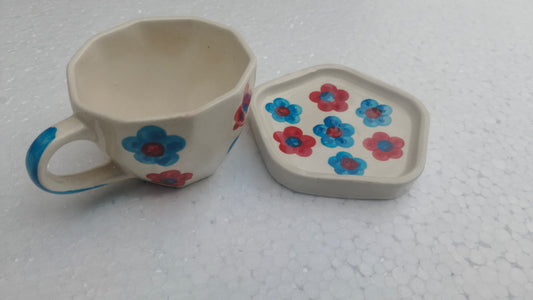 Blue Pottery Beautiful Blue And Red Floral Print Cup Coaster