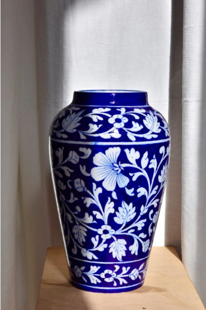 Blue Pottery Beautiful Blue Floral Print Handi Vase