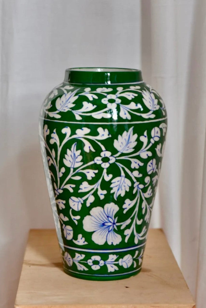 Blue Pottery Beautiful Green Floral Print Handi Vase