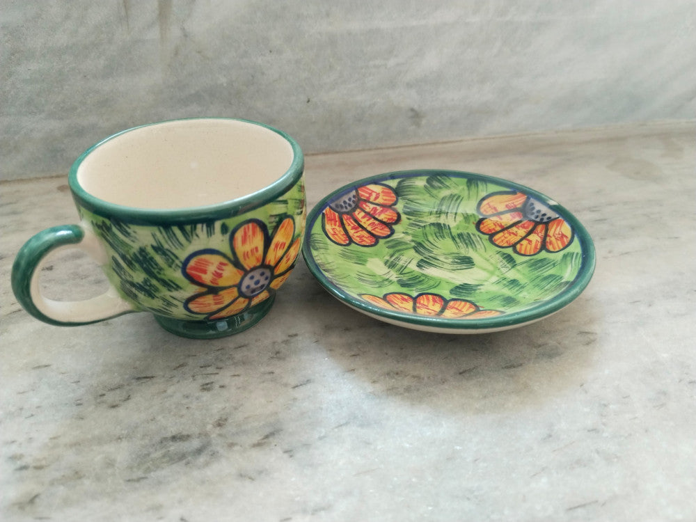 Blue Pottery Beautiful Orange Floral Print Cup And Saucer