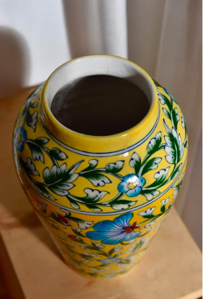 Blue Pottery Beautiful Yellow Floral Print Handi Vase