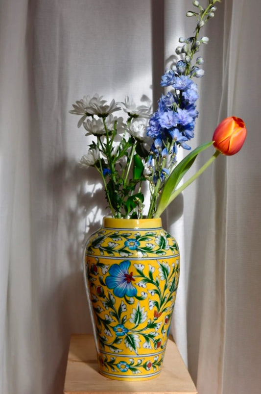 Blue Pottery Beautiful Yellow Floral Print Handi Vase