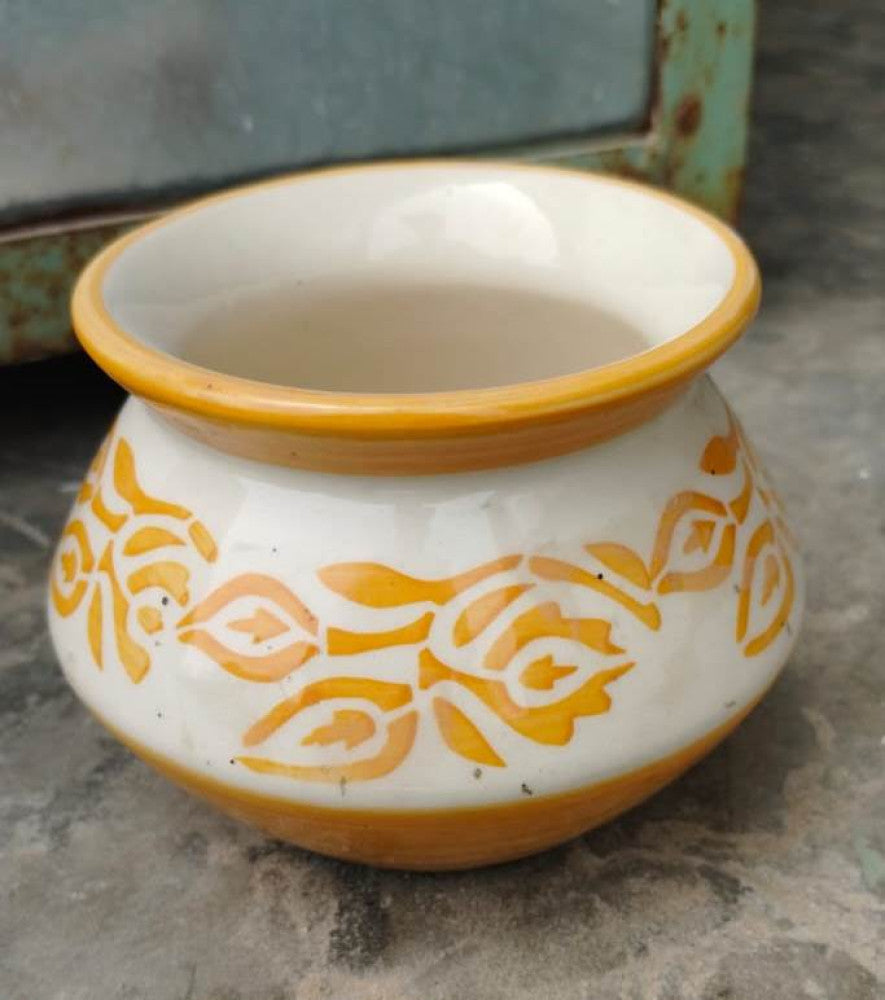 Blue Pottery Beautiful Yellow White Floral Print Vase