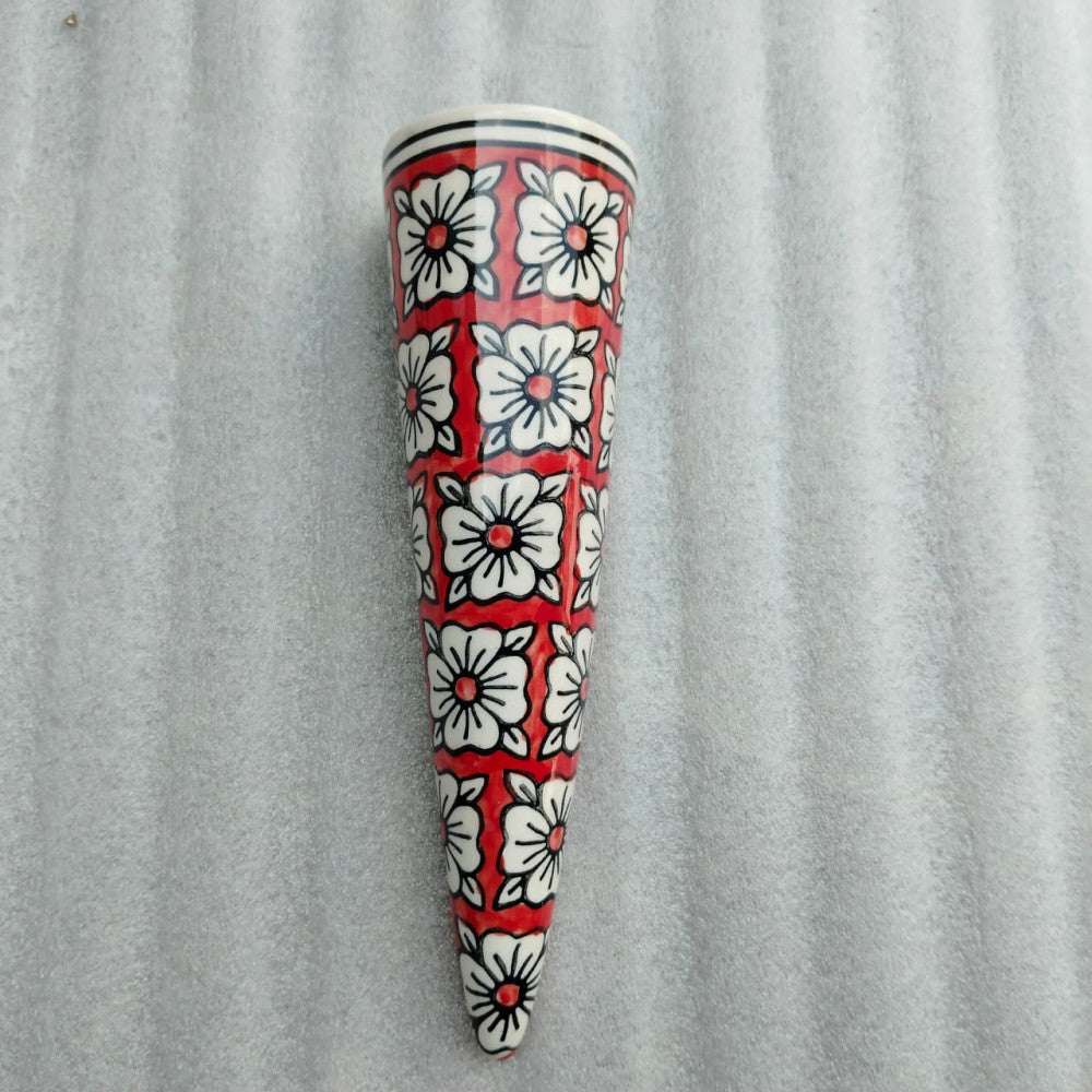 Blue Pottery Cone Wall Planter Floral Design Style 10