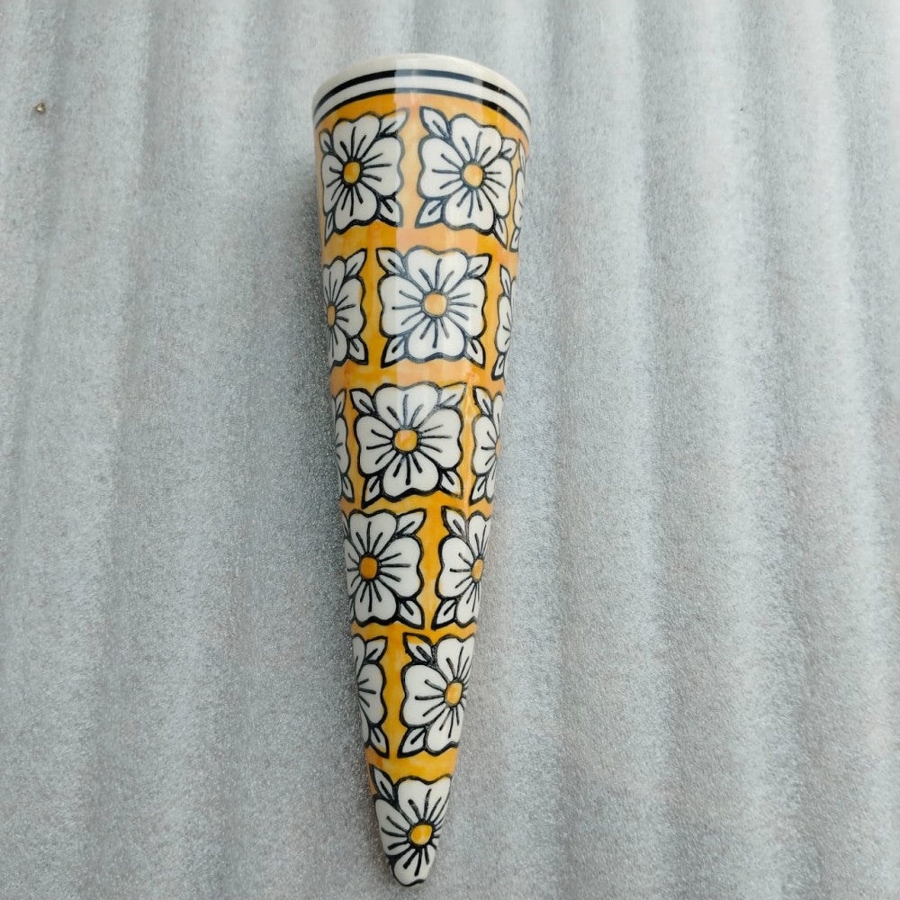 Blue Pottery Cone Wall Planter Floral Design Style 11