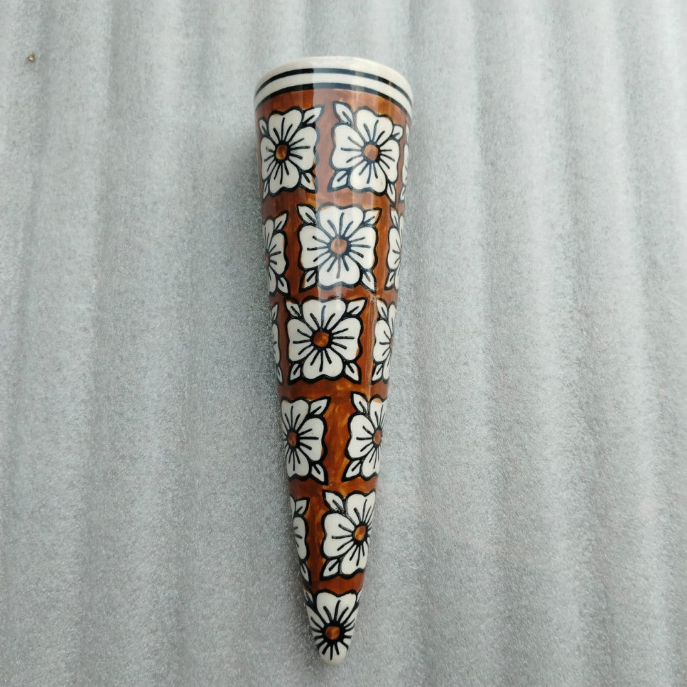 Blue Pottery Cone Wall Planter Floral Design Style 2