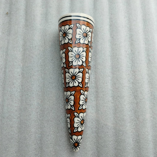 Blue Pottery Cone Wall Planter Floral Design Style 2