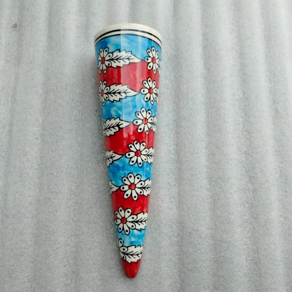 Blue Pottery Cone Wall Planter Floral Design Style 3