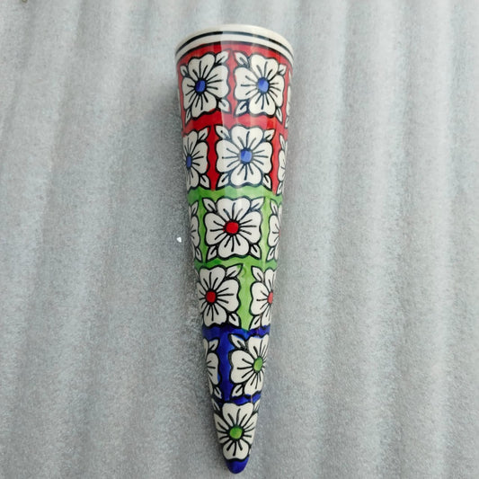 Blue Pottery Cone Wall Planter Floral Design Style 5
