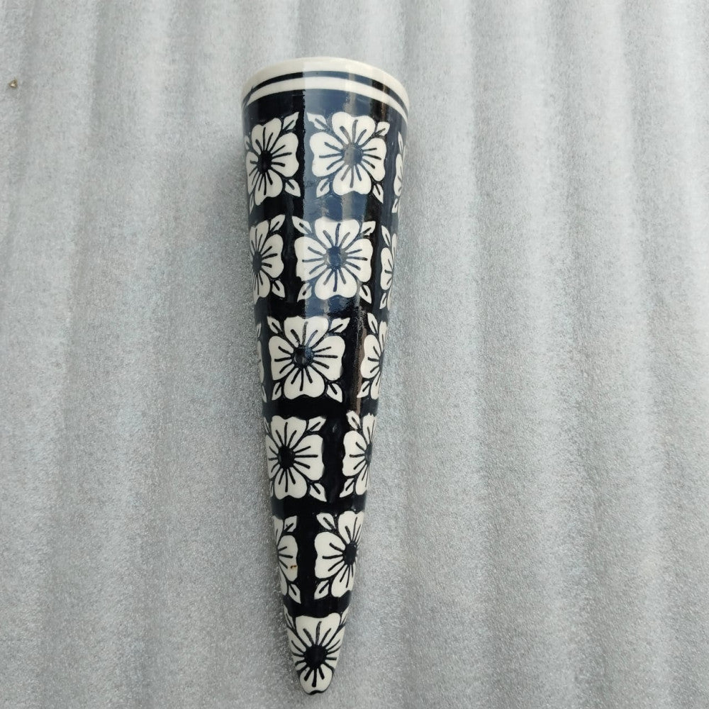 Blue Pottery Cone Wall Planter Floral Design Style 6