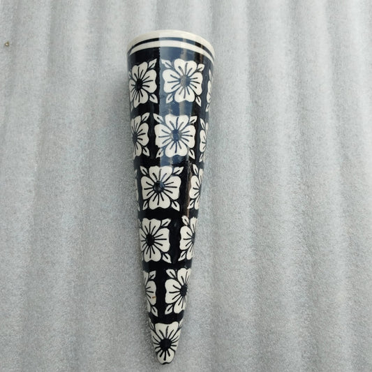 Blue Pottery Cone Wall Planter Floral Design Style 6