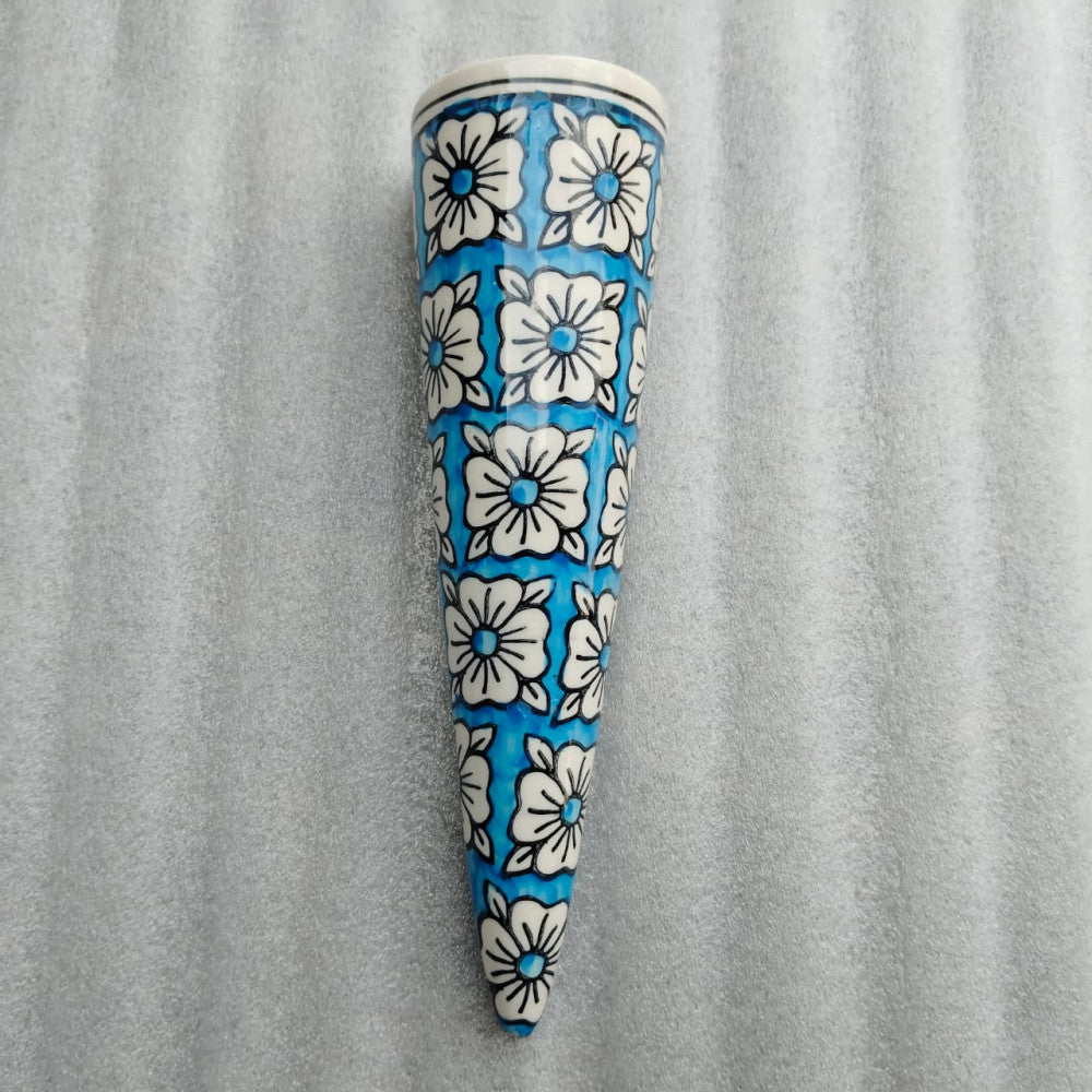 Blue Pottery Cone Wall Planter Floral Design Style 7