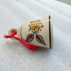 Blue Pottery Hanging Bell Floral White 3 Inch