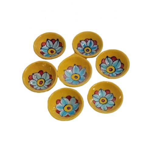 Blue Pottery Flower Print Yellow Diya- Single Piece