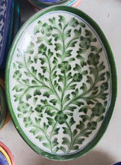 Blue Pottery Rice Plate Green Floral Design 8 inch