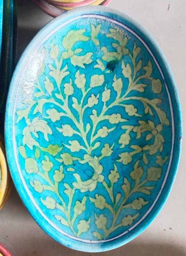 Blue Pottery Rice Plate Sky Blue Floral Design 8 inch