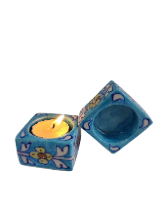 Blue Pottery Square Candle Holder Blue