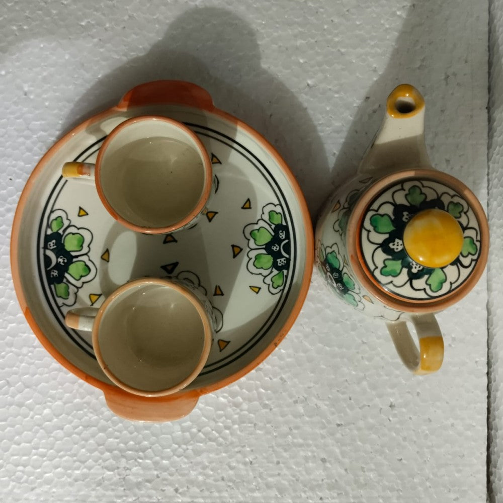 Blue Pottery Tea Kettle Set Floral Design