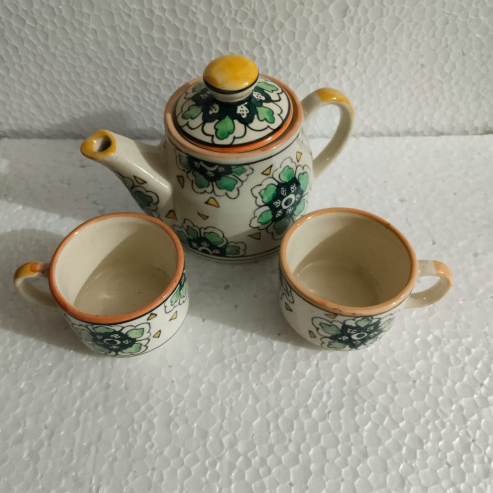 Blue Pottery Tea Kettle Set Floral Design