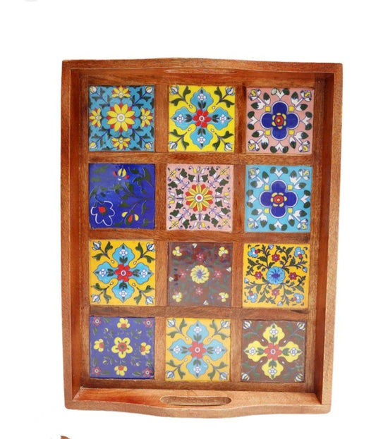 Blue Pottery Wooden Tray 12 Tiles