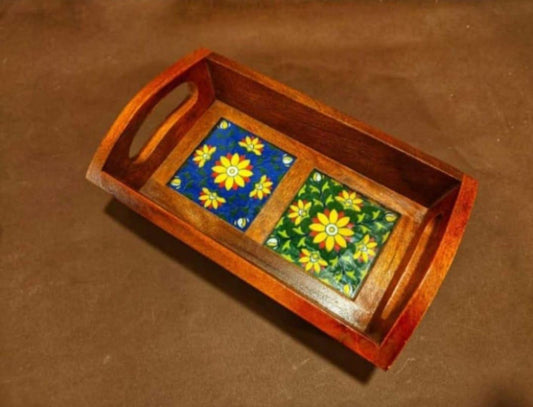 Blue Pottery Wooden Tray 2 Tiles