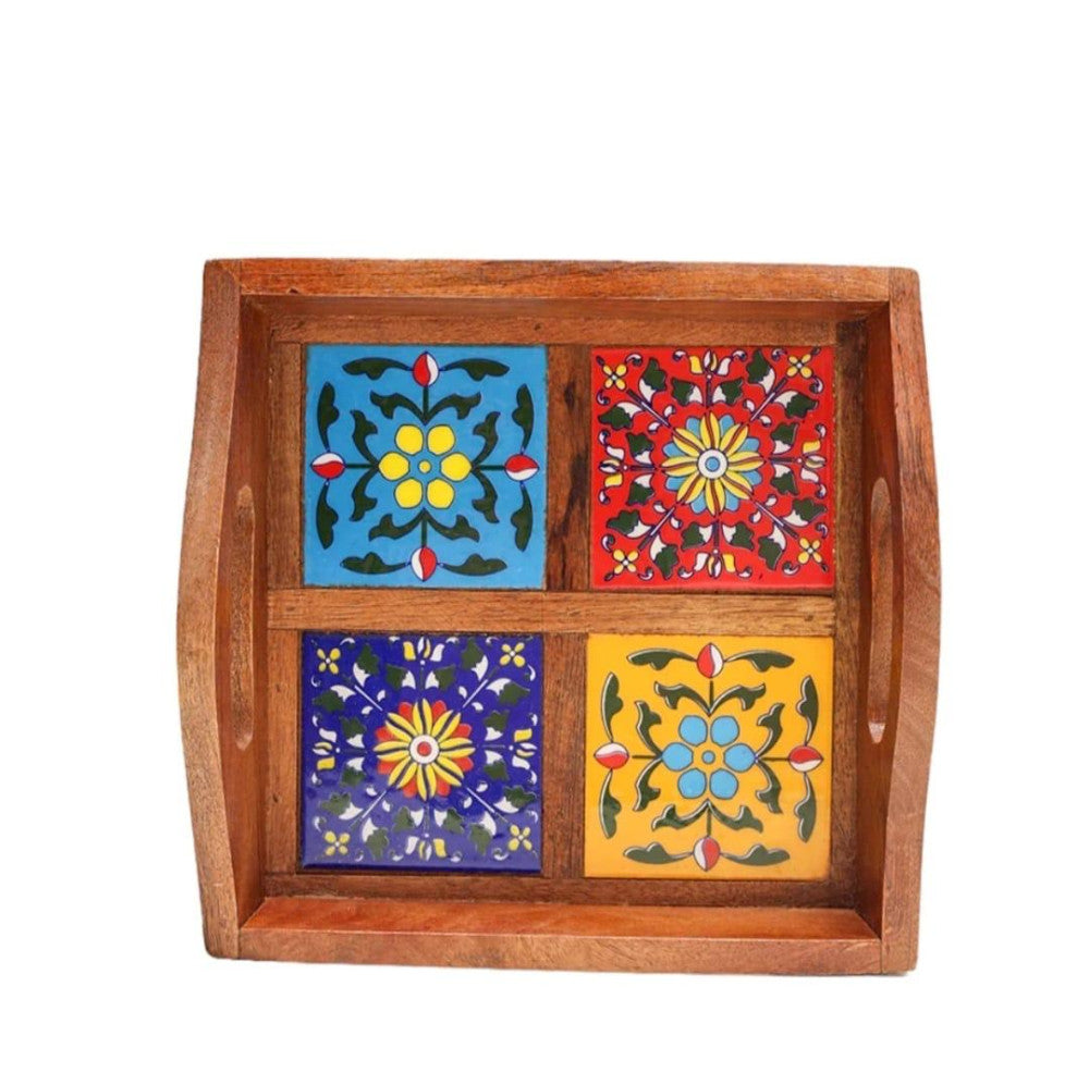Blue Pottery Wooden Tray 4 Tiles