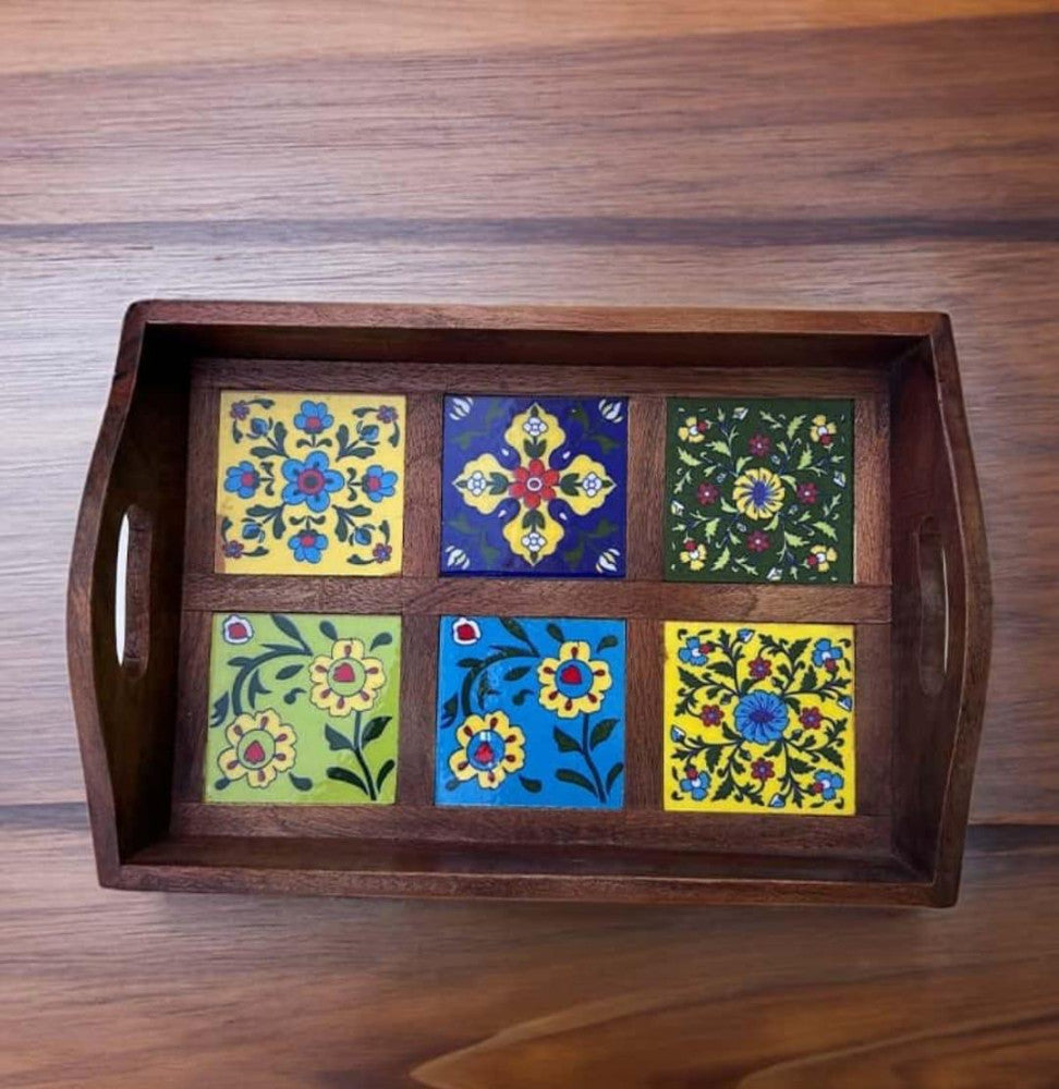Blue Pottery Wooden Tray 6 Tiles