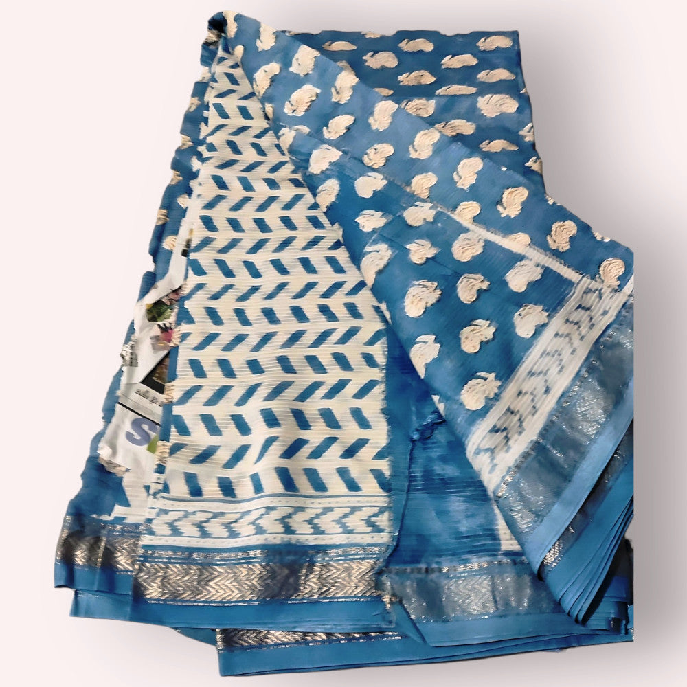 Blue & White Block Print Saree