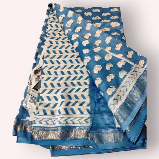Blue & White Block Print Saree