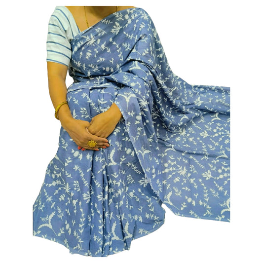 Blue & White Colour Bagru Print Saree