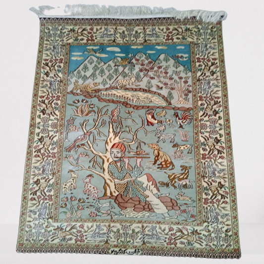 Box playing Flute Hand Knotted Carpet 20/20 Knots