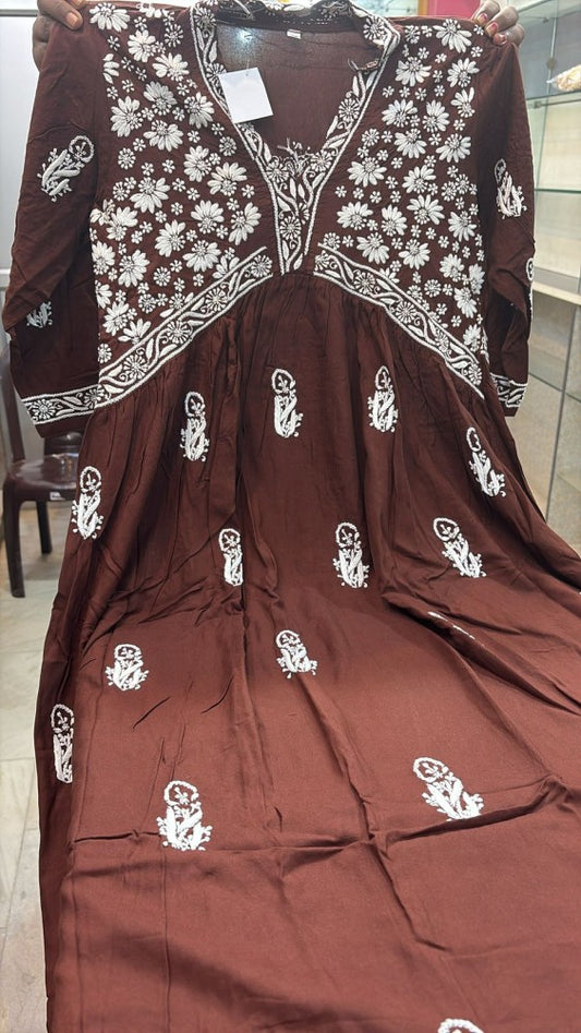 Brown Alia Cut Chikankari Hand Embroidery Kurti