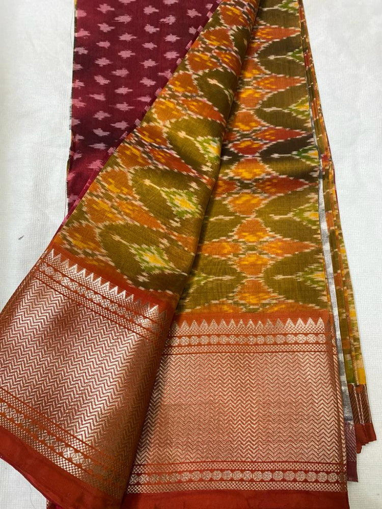 Brown And Mustard Yellow Telia Rumal Saree
